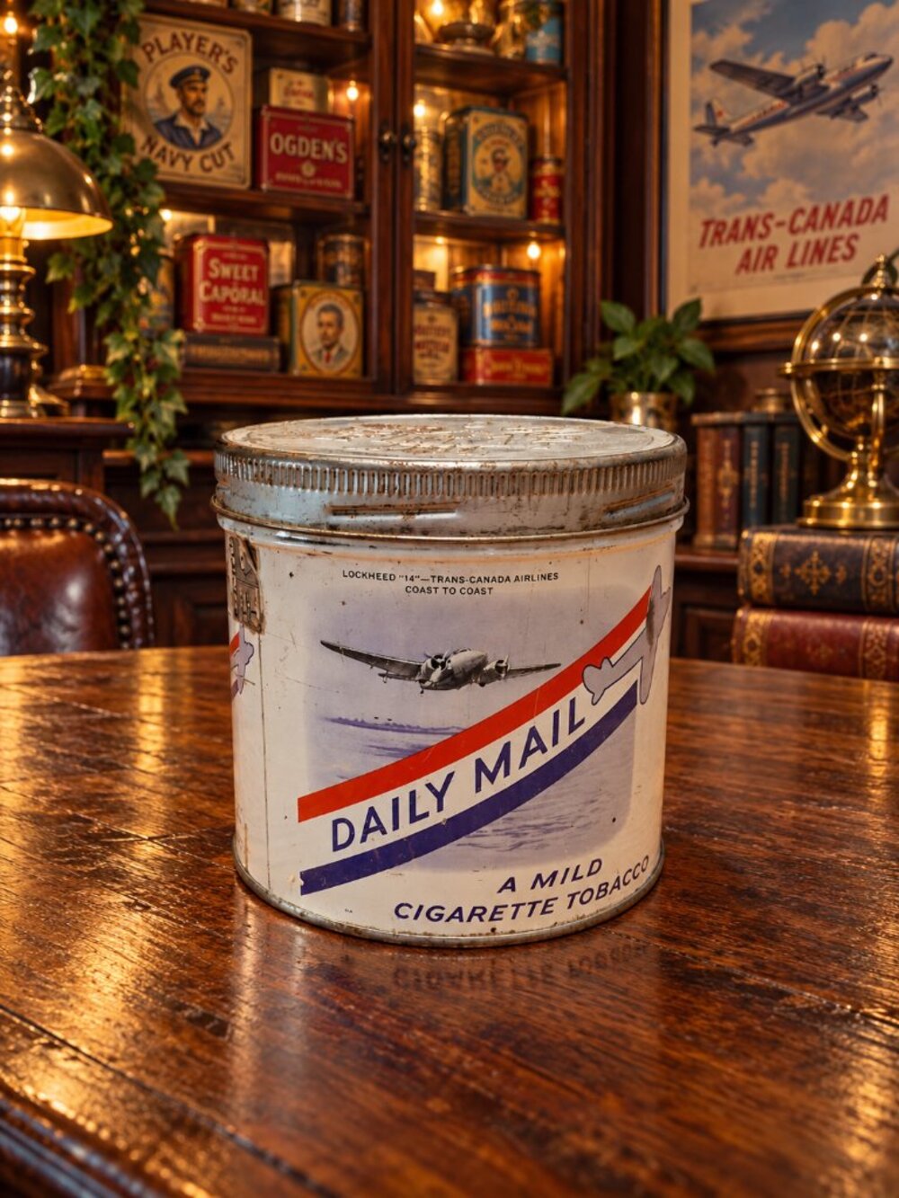 Vintage Daily Mail Tobacco Tin ✈️ Lockheed 14 Aviation Graphics Rare
